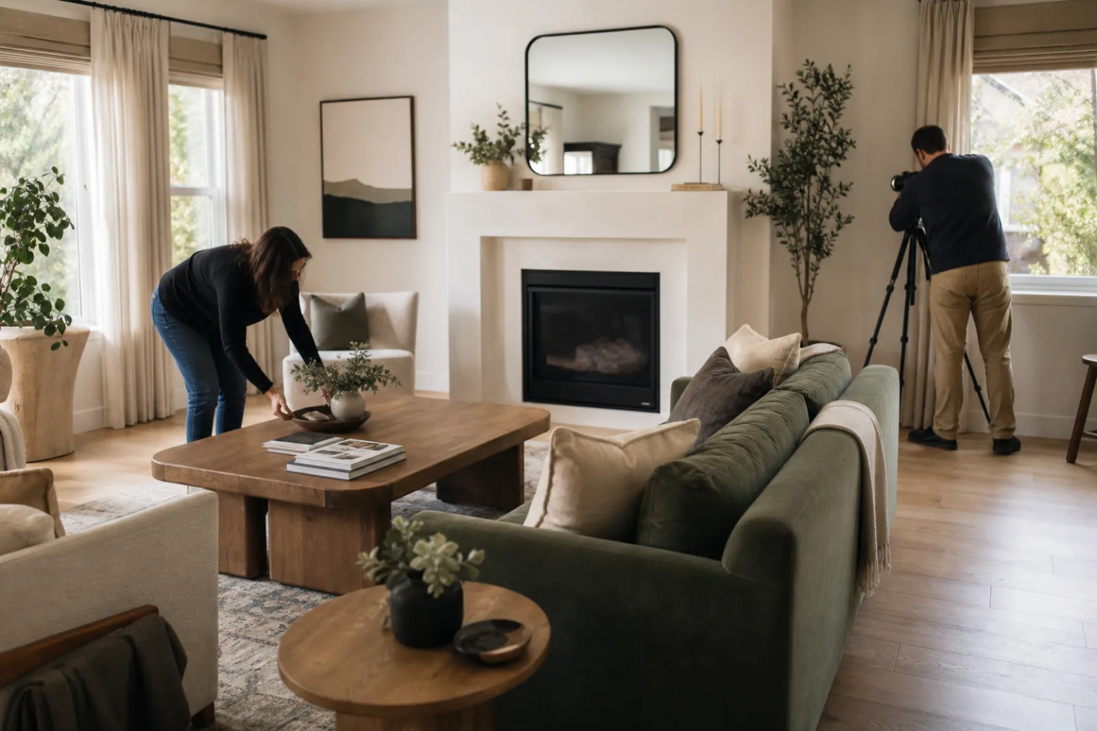 Agent and photographer preparing a home for market