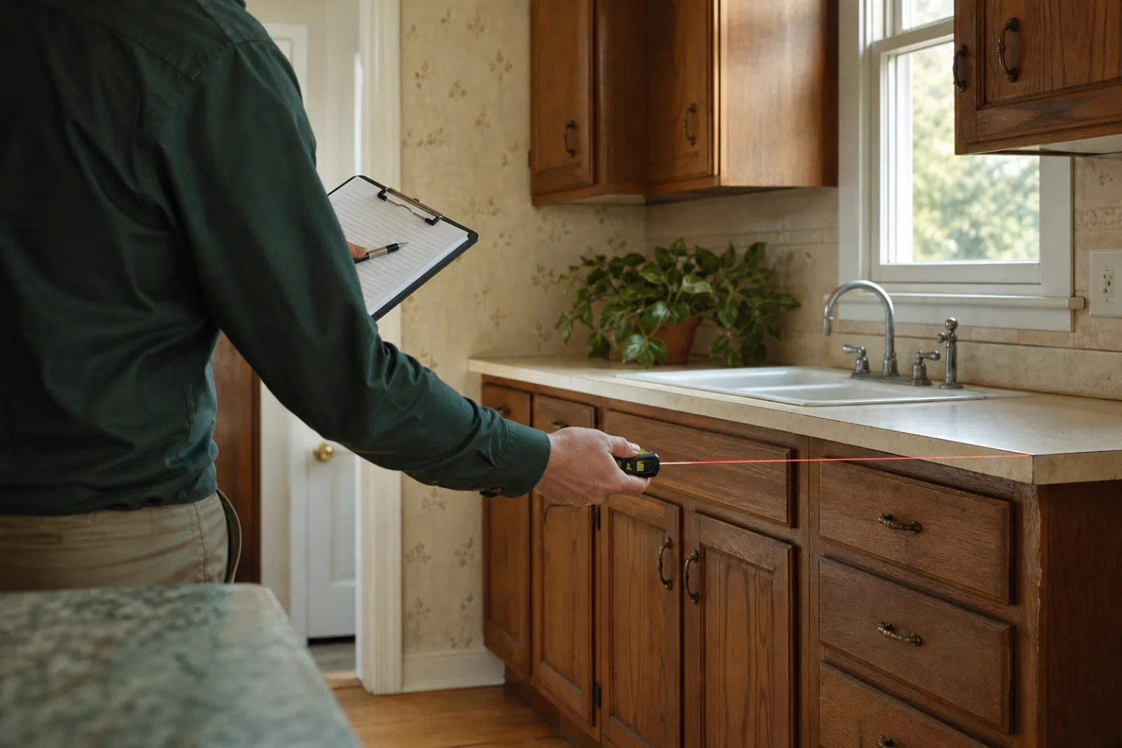 Property professional measuring a dated kitchen during an inspection