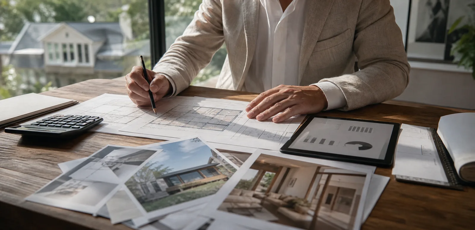 Real estate operator reviewing property plans and analysis